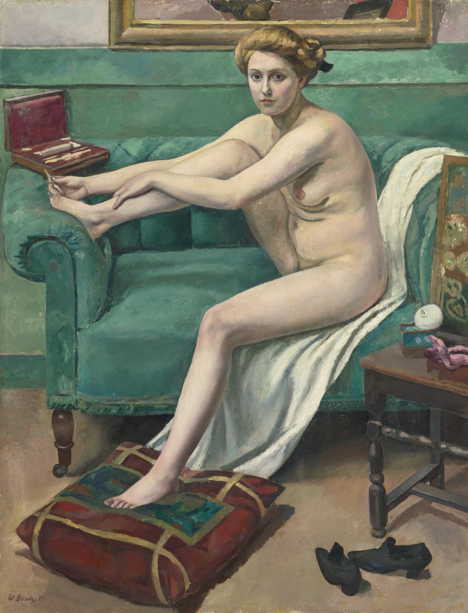 Óleo «Pedicure» del pintor Walter Bondy (1880–1940): una escena de cuidado de pies.